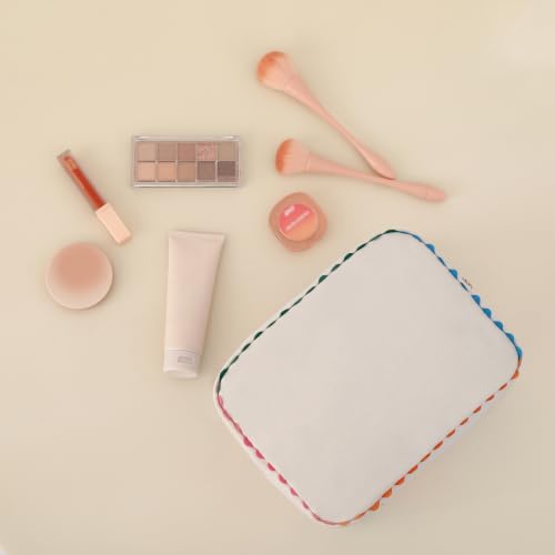 Canvas Makeup Bag for Women | Rainbow Rick Rack Trim,Mahjong Tile Travel Toiletry Organizer,Everyday Use, Beach and Gift for Girlfriend - color: Natural+Rainbow