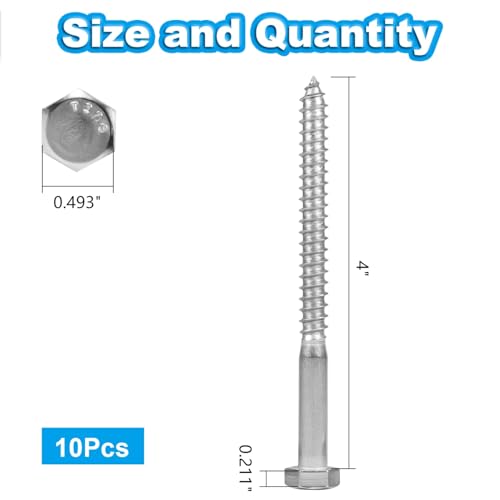 10 Pcs 5/16" x 4" Hex Head Lag Screws, 304 Stainless Steel Lag Bolts Hexagon Head Wood Screws Heavy Duty Large Screws for TV Mounts, Deck, Boat Repair - size: 5/16 x 4"(10 pcs)