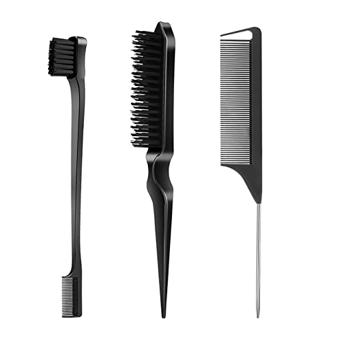 SWEET VIEW 3Pcs Slick Back Hair Brush | Rat Tail Comb, Edge | Bristle Brush, Sleek Ponytail/Bun Smoothing Baby Hair & Flyaways - color: Black