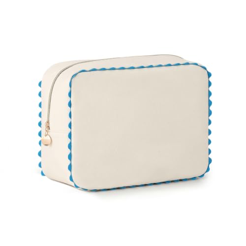 Canvas Makeup Bag for Women | Rainbow Rick Rack Trim,Mahjong Tile Travel Toiletry Organizer,Everyday Use, Beach and Gift for Girlfriend - color: Natural+Blue