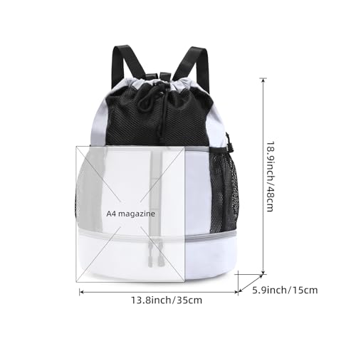 Valleycomfy Drawstring Gym Bag Sports Backpack With Shoe Compartment White | Reflective Strips Top Handle - color: White