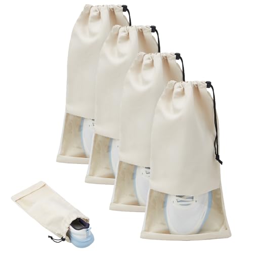 4 Pcs Single Shoe Bags for Travel, Drawstring Shoe Bags with Clear Window | 9.1"x17.7" Fits Most Shoes, Dust Resistant, Washable & Reusable, Travel Shoe Storage Bags for Men & Women - color: Beige
