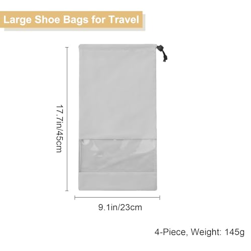 4 Pcs Single Shoe Bags for Travel, Drawstring Shoe Bags with Clear Window | 9.1"x17.7" Fits Most Shoes, Dust Resistant, Washable & Reusable, Travel Shoe Storage Bags for Men & Women - color: Grey