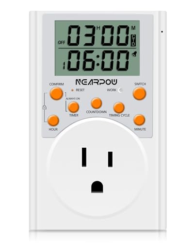 NEARPOW Infinite Cycle Digital Timer Outlet Switch, Programmable 3-Prong | Multifunctional Plug-in Electrical Timer, Energy-Saving Power Switch, Heavy Duty 15A/1800W for Household Appliances - color: Orange