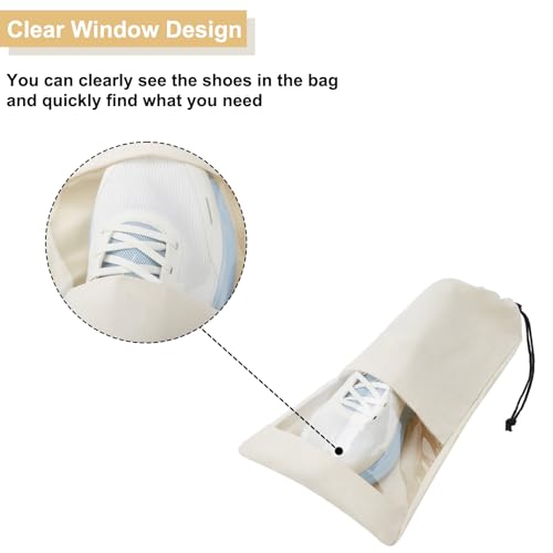4 Pcs Single Shoe Bags for Travel, Drawstring Shoe Bags with Clear Window | 9.1"x17.7" Fits Most Shoes, Dust Resistant, Washable & Reusable, Travel Shoe Storage Bags for Men & Women - color: Beige