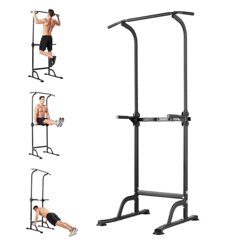 Power Tower Pull Up Bar Station - 330 LBS Stable Multi-Function Gym Dip Station for Home Strength Training Equipment - 10 Adjustable Heights Heavy Duty Pull-Up Tower with h-Shaped Base & Push-Up - color: Black