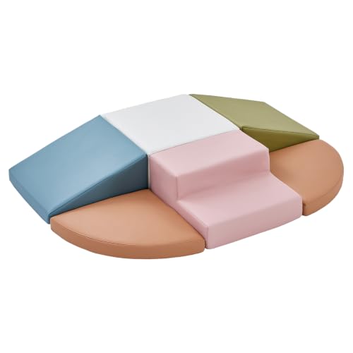 Hoohtoot Soft Foam Climbing Blocks for Toddlers: 6-Piece Macaron Color Play Set - Indoor PU Leather Climbing Toys - Baby Crawling and Activity Gym - style: Ivory/Pink