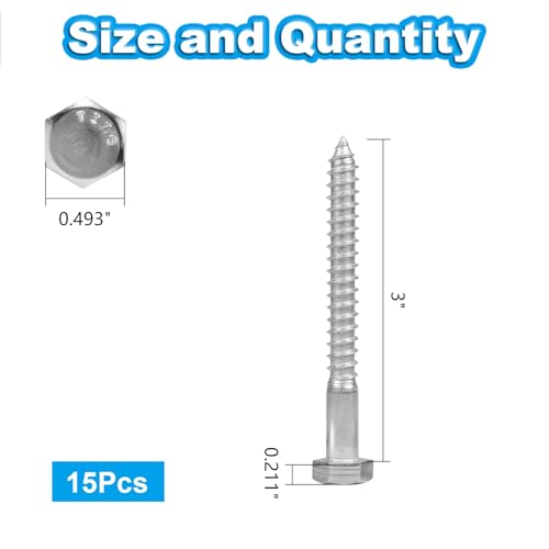 15 Pcs 5/16" x 3" Hex Head Lag Screws, 304 Stainless Steel Lag Bolts Hexagon Head Wood Screws Heavy Duty Large Screws for TV Mounts, Deck, Boat Repair - size: 5/16 x 3" (15 pcs)