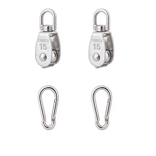 2X 304 Stainless Steel M15 Single Swivel Rope Pulley Blocks with Snap Hooks | 360° anti-twist swivel pulley. For lifting, towing & hanging wire rope on crane/outdoor. Has spring snap hooks for fast fit - size: M15-2pcs