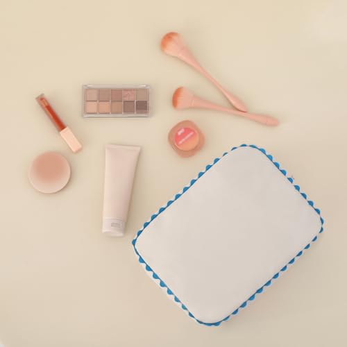 Canvas Makeup Bag for Women | Rainbow Rick Rack Trim,Mahjong Tile Travel Toiletry Organizer,Everyday Use, Beach and Gift for Girlfriend - color: Natural+Blue
