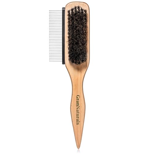 GranNaturals Boar Bristle Slick Back Hair Brush w/ Comb for Smoothing Sleek Ponytail Bun - Wide Rat Tail & Metal Comb Hairbrush for Parting, Teasing, Backcombing, Sectioning, Edge Control, Flyaways