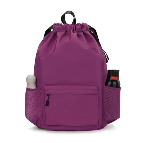 Valleycomfy Waterproof Drawstring Gym Backpack Bag for Men & Women Purple | Sports Gym Bag with Side Pocket - color: A-purple