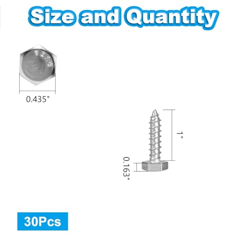 30 Pcs 1/4" x 1" Hex Head Lag Screws, 304 Stainless Steel Lag Bolts Hexagon Head Wood Screws Heavy Duty Large Screws for TV Mounts, Deck, Boat Repair - size: 1/4 x 1" (30 pcs)
