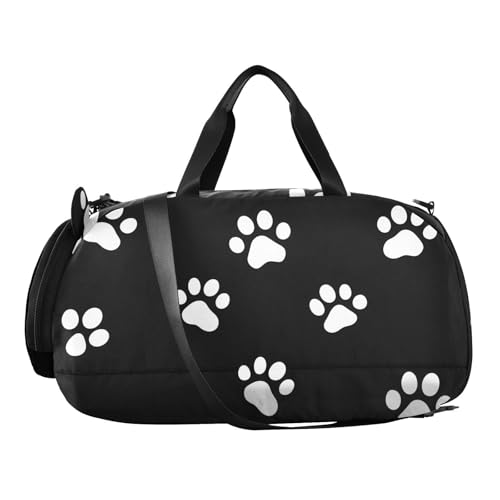 Kids Sports Duffel Bag for Boys & Girls - White Dog Paw Prints 100% Polyester Gym Bag with Separate Shoe Compartment, Adjustable Shoulder Strap, Compact Travel & Workout Gear Bag - color: White Dog Paw Prints