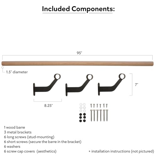 Wall-Mounted Ballet Barre for Home Dance, Exercise, Fitness, Stretching - Made in USA - size: 8 ft (single barre)