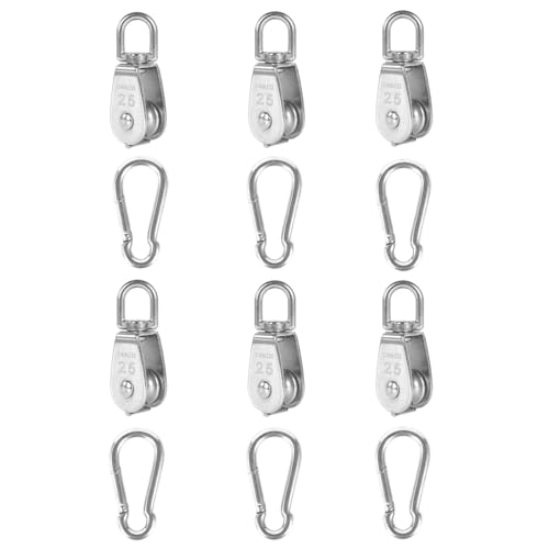 6Pcs 304 Stainless Steel M25 Single Pulley Block, Wire Rope Hanging Wire Towing Wheel, with 6Pcs Spring Snap Hook - size: M25-6pcs