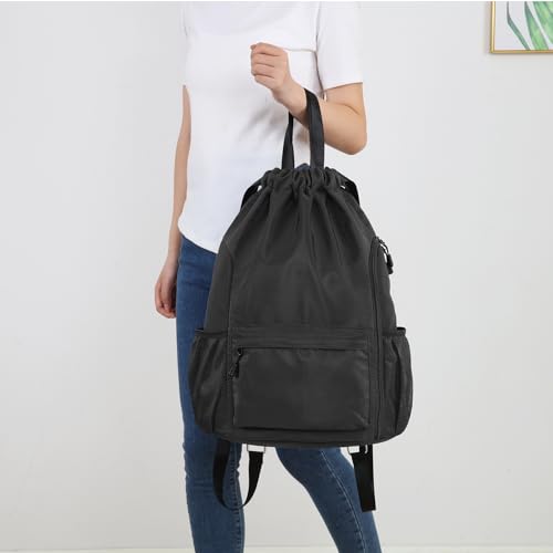 Valleycomfy Waterproof Drawstring Gym Backpack Bag for Men & Women Black | Sports Gym Bag with Side Pocket - color: A-black