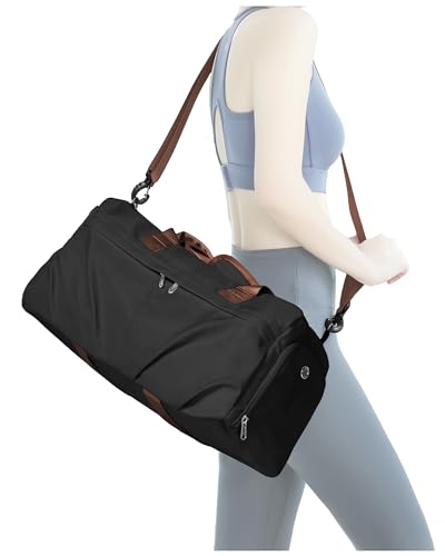 Gym Bag for Women Men with Shoe Compartment, Sport Duffel Bag, Waterproof Travel Weekender Overnight Carry on Bag for Yoga with Trolley Sleeve, Black Brown - color: A10-Black Brown