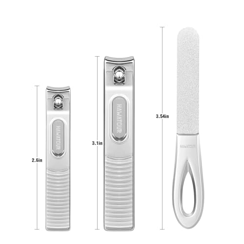 HAWATOUR Nail Clippers Set Zinc Alloy 420J2 Stainless Steel, Silver | Ultra Sharp Curved Blade, Fingernail and Toenail Clipper, Visibly Tin Case, Cut-Out Design