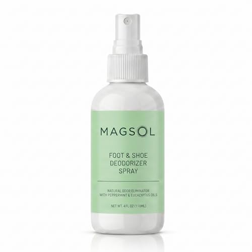 Magsol Natural Shoe Deodorizer & Foot Spray, Peppermint, Tea Tree & Eucalyptus Essential Oil Odor Eliminator for Sneakers, Work Boots & Gym Bags, Fast-Acting Foot Deodorant, 4 Fl Oz