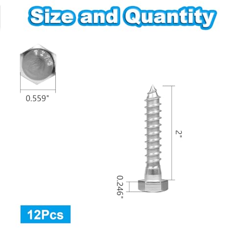 12 Pcs 3/8" x 2" Hex Head Lag Screws, 304 Stainless Steel Lag Bolts Hexagon Head Wood Screws Heavy Duty Large Screws for TV Mounts, Deck, Boat Repair - size: 3/8 x 2" (12 pcs)