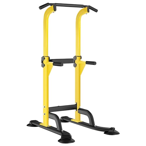 SogesHome Multi-Function Power Tower Pull Up Bar Dip Station for Home Gym | Height Adjustable PullUp Dip Stand, Full Body Strength Training Equipment, Fitness Workout for Push Ups Dips, 330LB Capacity - color: Yellow