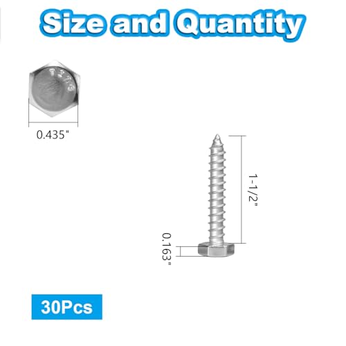 30 Pcs 1/4" x 1-1/2" Hex Head Lag Screws, 304 Stainless Steel Lag Bolts Hexagon Head Wood Screws Heavy Duty Large Screws for TV Mounts, Deck, Boat Repair - size: 1/4 x 1-1/2" (30 pcs)