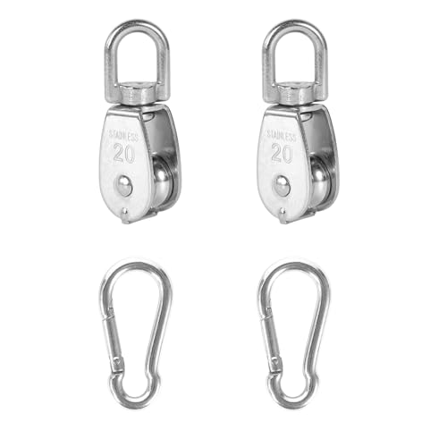 2X 304 Stainless Steel M20 Single Swivel Rope Pulley Blocks with Snap Hooks | 360° anti-twist swivel pulley. For lifting, towing & hanging wire rope on crane/outdoor. Has spring snap hooks for fast fit - size: M20-2pcs