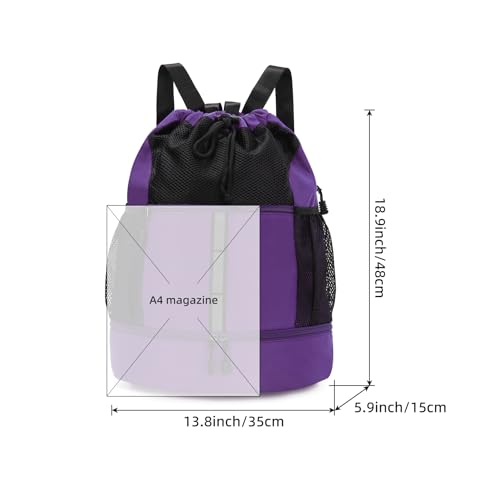 Valleycomfy Drawstring Gym Bag Sports Backpack With Shoe Compartment Purple | Reflective Strips Top Handle - color: Purple08