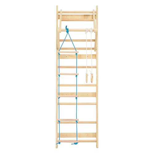 VEVOR Swedish Ladder Wall Gym, 4-in-1 8-Level Indoor Jungle Gym, 220LBS Loading Solid Wood Gymnastic Stall Bars, Indoor Playground Climbing Playset with Rings, Pull-Up Bar, Rope Ladder - style: 8-Level 4 in 1