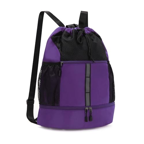 Valleycomfy Drawstring Gym Bag Sports Backpack With Shoe Compartment Purple | Reflective Strips Top Handle - color: Purple08