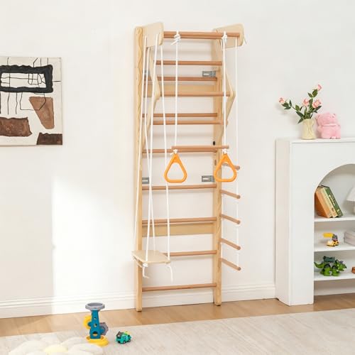 6-in-1 Swedish Ladder Wall Gym, Wooden Climbing Set with Slide, Swing & Rings