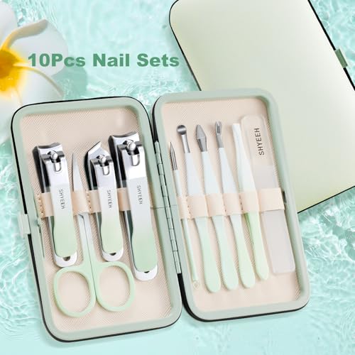 Manicure Set, 10 pcs High-Carbon Steel Nail Clippers Set, Portable Mini Manicure and Pedicure Kit, Travel Grooming Nail Kit with Leather Bag for Men and Women - color: Green