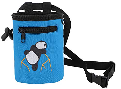 AMC Rock Climbing Panda Embroidered Chalk Bag with Zipper Pocket - color: Blue