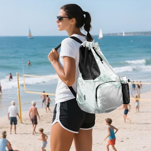 Drawstring Climbing Gym Bag With Inside Pockets Drawstring Bags with Wet Dry Compartments Light Green Luxury Marble Texture