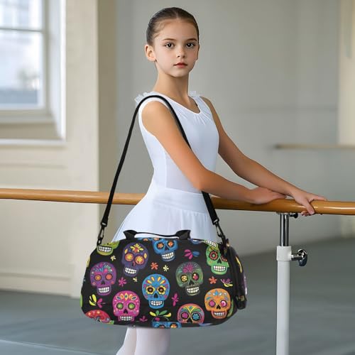 Kids Sports Duffel Bag for Boys & Girls - Day Of The Dead Sugar Skull 100% Polyester Gym Bag with Separate Shoe Compartment, Adjustable Shoulder Strap, Compact Travel & Workout Gear Bag - color: Day Of The Dead Sugar Skull