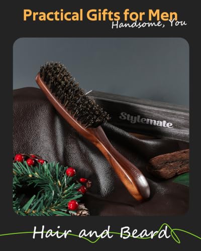 STYLEMATE Mens Boar Bristle Hair Brush | Slick Back Hair & Beard Brush with Stiff Bristles for Thick & Fine, Natural Black Walnut Wooden Handle Hairbrush - color: Black (1PC), size: Medium: Boar Bristle