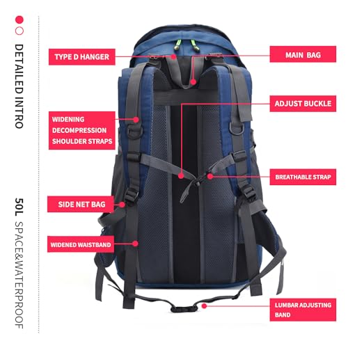 Bseash 50L Hiking Backpack, Water Resistant Lightweight Outdoor Sport Daypack Travel Bag for Camping Climbing Skiing Cycling (Navy Blue - With Shoe Compartment) - color: Navy Blue - With Shoe Compartment