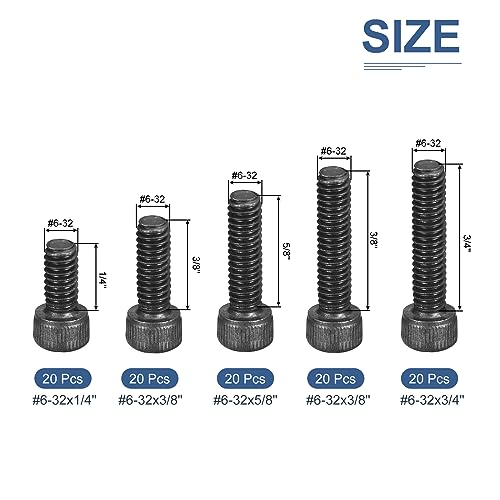 DTGN 100Pcs #6-32 Bolts Socket Head Screws Kit, #6-32 Screw Assortment, 12.9 Grade Steel #6-32 x 1/4", 3/8", 1/2", 5/8", 3/4" Hex Socket Head Cap Screws Bolt Set for 3D Printing DIY