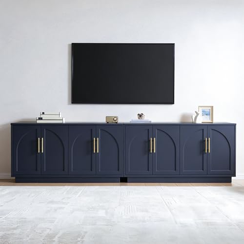 Fatmok 59" Sideboard Buffet Cabinet & TV Stand Set of 2, Modern Arched Credenza with Adjustable Shelves and Long Metal Handles, Wood Console Coffee Bar Storage for Living Room, Blue - color: Aa-blue