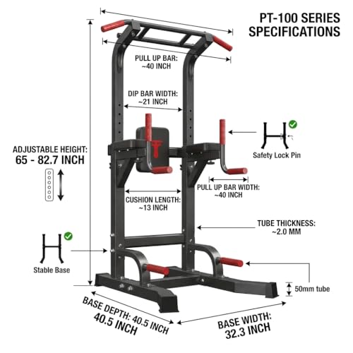 Power Tower Pull Up Bar Dip Station, Free Standing Pull Up Rack Dip Station for Home Gym, 10-Level Adjustable Height Pull Up Bar Stand Dip Bar Strength Training Workout Equipment - color: Red