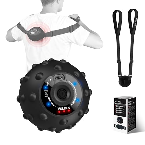 Vulken Vibrating Massage Ball for Muscle Recovery with SphereStrap – Target Hard-to-Reach Areas, Hands-Free Back Massage. 4 Speeds High Intensity Trigger Point Massage Ball. - color: Black