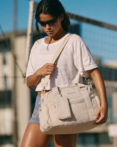 Small Gym Bag for Women - Duffle Weekender Work Duffel Carry on Tote Bag | Puffer Yoga Mat Holder Wet Compartment Coin Purse BPA-Free - color: Khaki