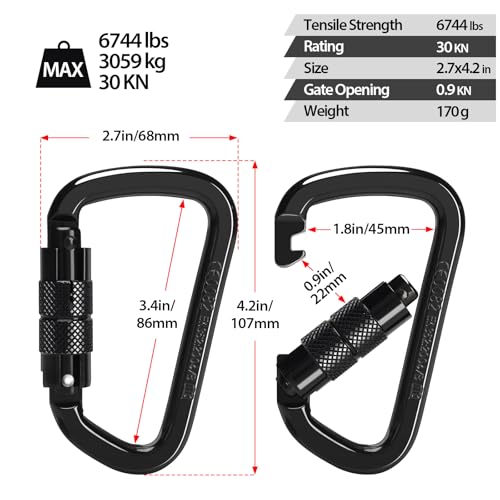 30KN Auto Locking Carabiner Clip Twist Lock Heavy Duty Carabiner for Climbing Rock Tree Rappelling Mountaineering Rescue Arborist Aerial Large Carabiners,D-Shaped,2PACK