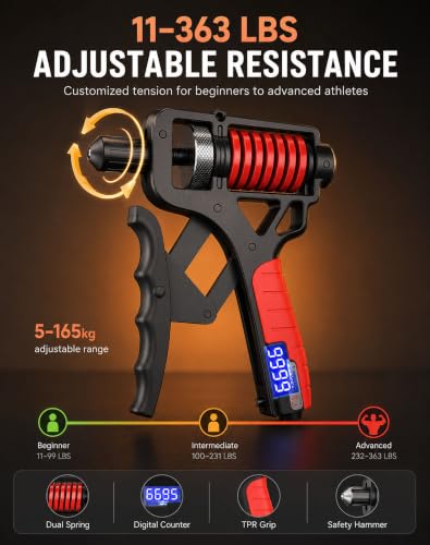 Adjustable Digital Counting Hand Grip Strengthener, 11-363 lbs | Double Spring Grip Strength Trainer, Smart Electronic Counter, 11-363 lbs Forearm Exerciser For Climbing And Fitness - color: Red