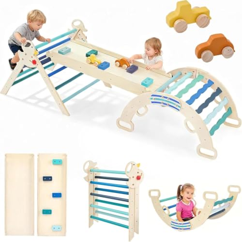 DUMOS 9-in-1 Pikler Triangle Set for Toddlers, Foldable Montessori Climbing Toys Indoor, Wooden Jungle Gym with Arch Rocker, Reversible Ramp, Ladder, Toy Cars and Blocks, Navy Blue - color: Navy Blue