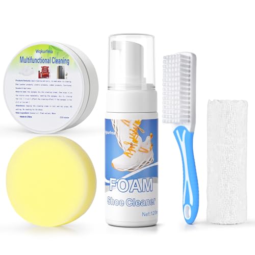 2PCS Shoe Cleaner,Portable Shoe Cleaning Kit for Travel,Business Trips,Gym | Deep Cleaning Shoe Sole Cleaner,13.1 OZ Foam Sneaker Cleaning Kit with Brush Towel Sponge,Sneakers Cleaner for White Shoes