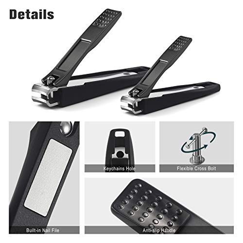 FERYES Nail Clippers with Catcher 2 PCS Set, No Splash Fingernail Clipper and Toenail Clipper, Stainless Steel Nail Cutters - W/Black Metal Case Packing - color: Black 2pcs