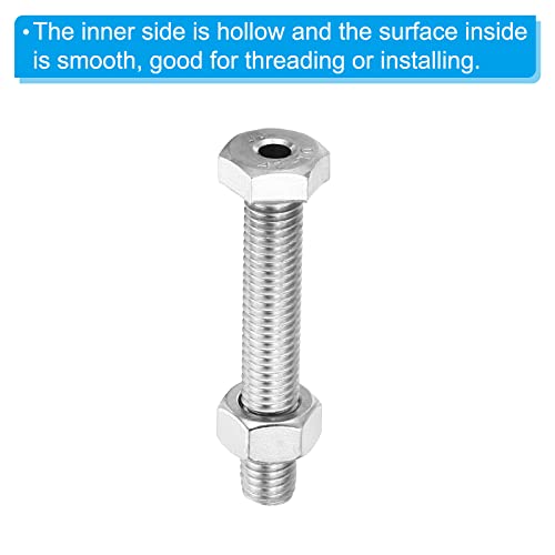 PATIKIL M10x60mm Hollow External Hexagon Screw, 2 Set Cylindrical Lamp Threading Socket Screws Through Hole Bolt with Nut 304 Stainless Steel - size: 60mm
