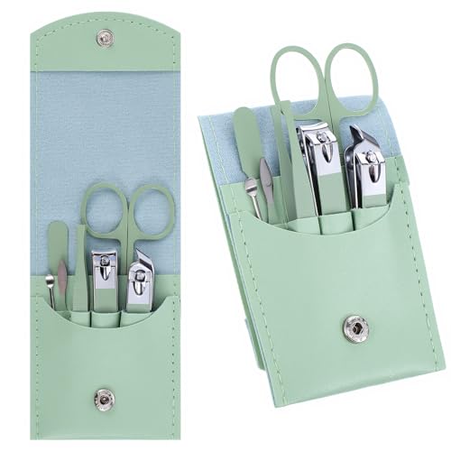 7 Pcs Manicure Set, Travel Nail Clippers with Green Leather Bag, Professional Carbon Steel Travels Nail Care Clippers, 7 in 1 Portable Travel Grooming Kit for Women Men (Green)